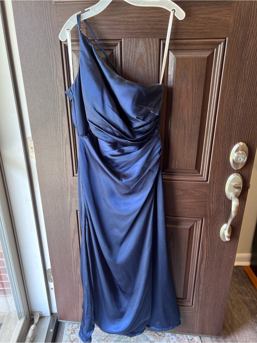One-Shoulder Navy Satin Maxi Dress for Women